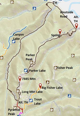 Dark: Long Canyon - Parker Ridge Loop; Yellow: Big Fisher Lake; Red: Pyramid Pass; Pink: Pyramid Lake and Ball Lakes; Blue: Triangulation Smith; Yellow near Blue: Cutoff Peak